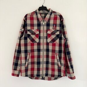 Harley Davidson Plaid Full Zip Canvas Shirt Jacket Mens Large Red Blue USA Biker